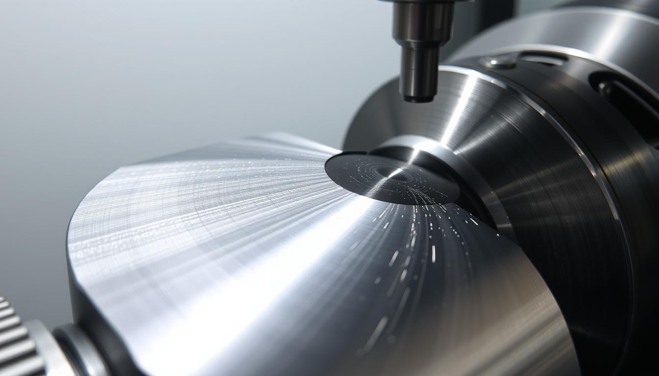 A close-up of a CNC machine performing a precision finishing pass on a cylindrical Kovar component. The image highlights the perfectly smooth, reflective surface with fine, concentric marks, demonstrating the high accuracy and quality of Kovar machining services