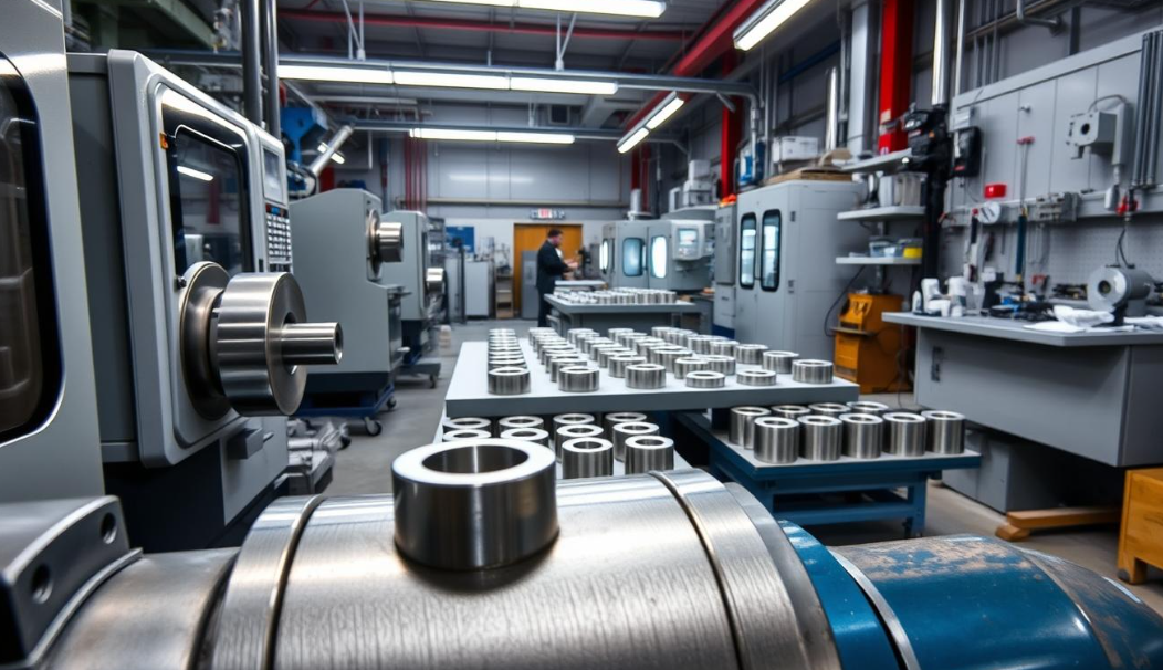 A wide view of a clean and organized Kovar machining workshop. Multiple CNC machines are lined up, and trays of finished precision Kovar parts are neatly arranged, showcasing the facility's capability for high-volume production
