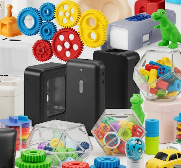 A collection of colorful and complex parts created through the plastic moulding process