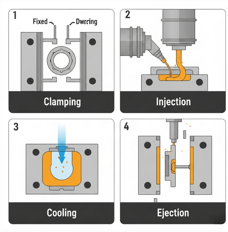 A diagram illustrating the key stages of the injection molding prototyping process