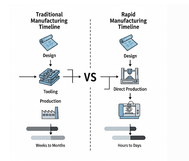 Diagram comparing traditional vs. rapid manufacturing timelines, highlighting speed benefits