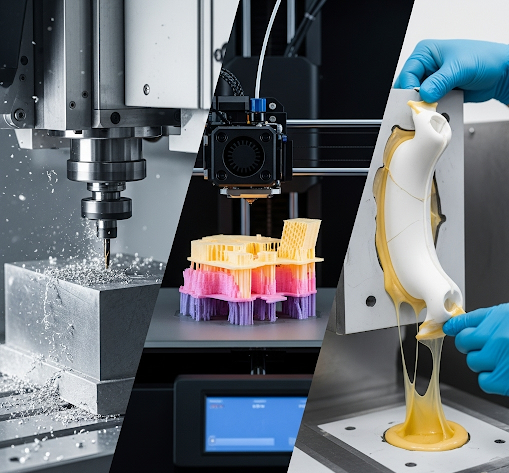 Collage of rapid manufacturing services including CNC machining, 3D printing, and rapid molding