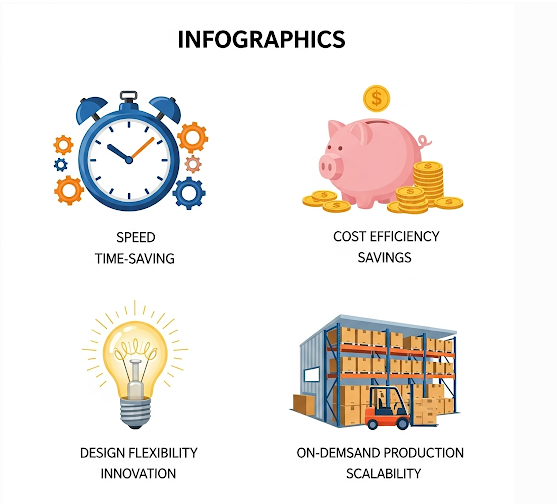  Infographic showcasing the benefits of rapid prototype manufacturing: speed, cost, flexibility, and on-demand production