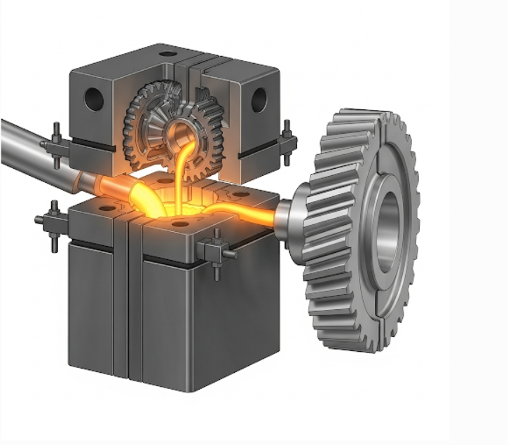 Diagram illustrating the basic metal molding process with a mold and a finished part