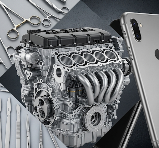  Examples of metal molding applications including automotive, medical, and consumer electronics parts
