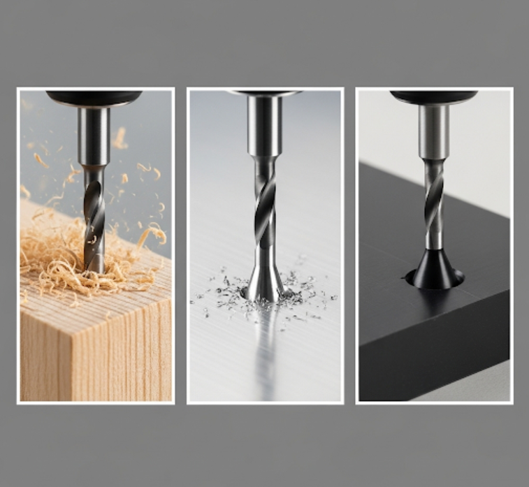 Various types of countersink tools creating clean holes in different materials