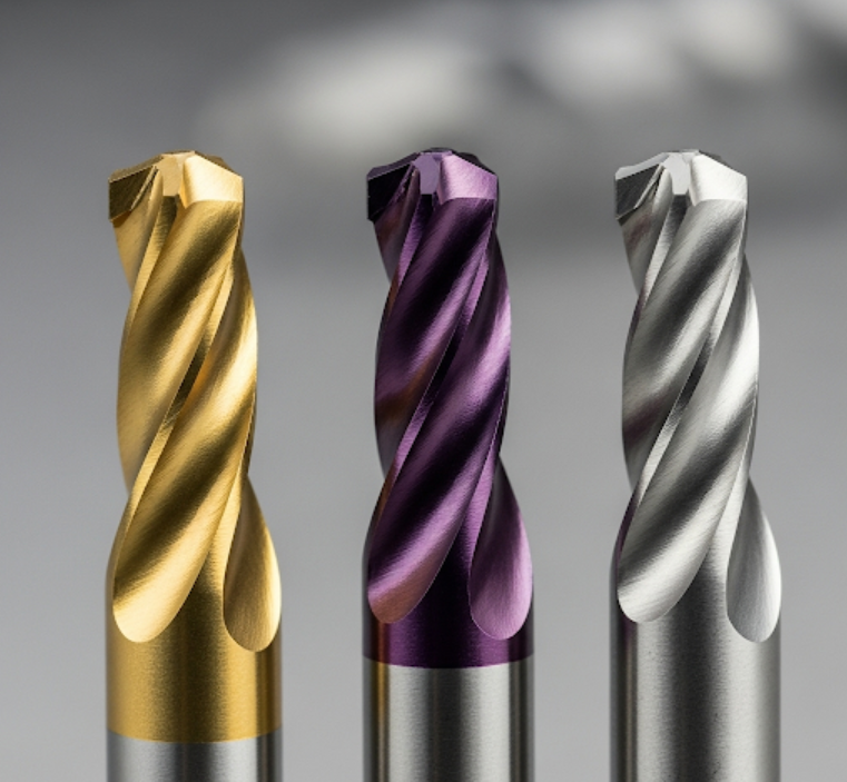 Close-up of countersinks with different performance coatings like TiN and TiAlN