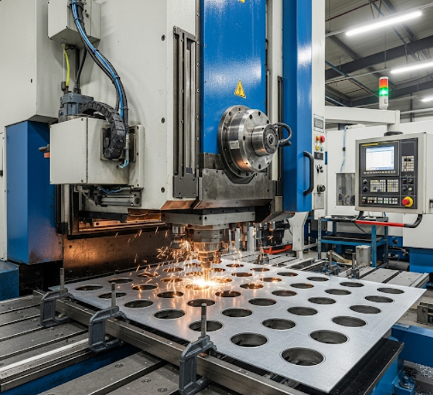 CNC metal punching machine precisely punching holes in a sheet of metal