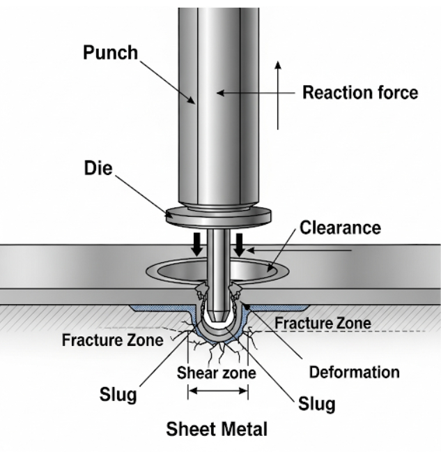 Diagram showing the mechanics of the punching metal sheet process with punch and die