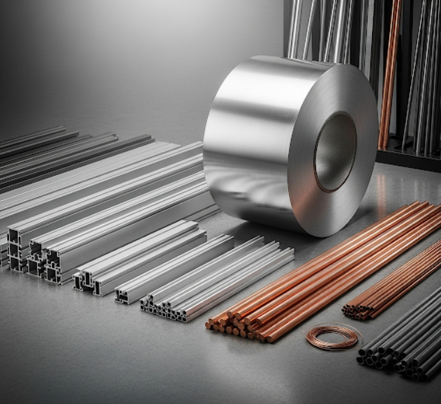 A variety of common metals used in sheet metal manufacturing, including steel, aluminum, and copper