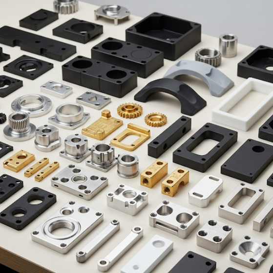 An assortment of custom CNC parts, including metal and plastic components for the aerospace and medical fields
