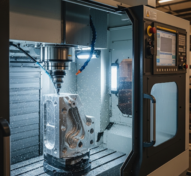 A CNC machine performing a precision metal milling operation on a steel block