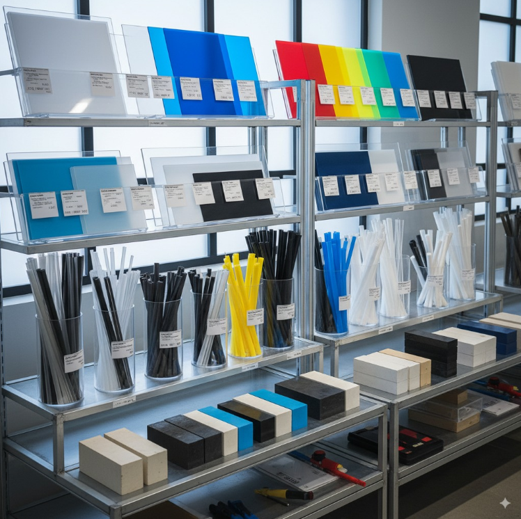  selection of plastic materials for custom CNC plastic machining including PEEK, Acetal, and Nylon