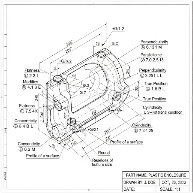 Engineering drawing illustrating tolerance standards for a machined plastic component