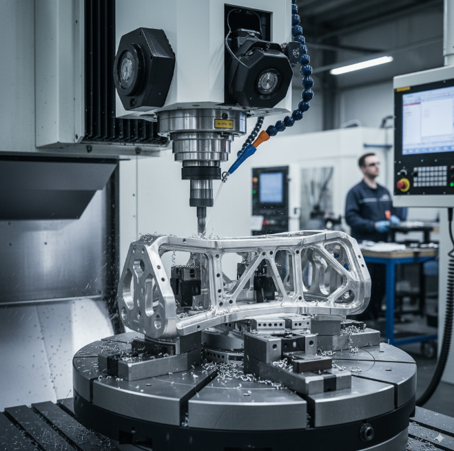  5 axis CNC machining services creating a high-tolerance aerospace component from aluminum