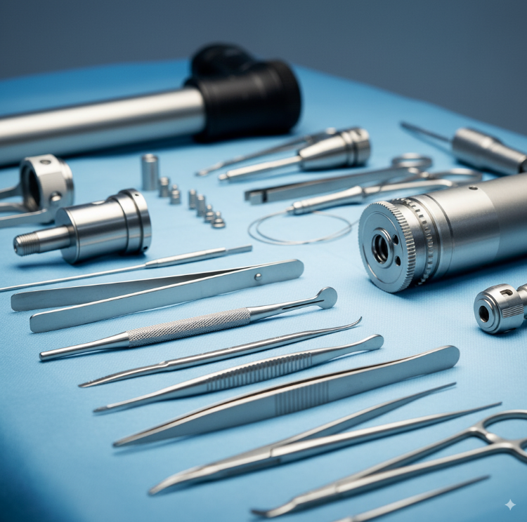 A close-up shot of various sterile metal surgical instruments and components arranged on a blue surface