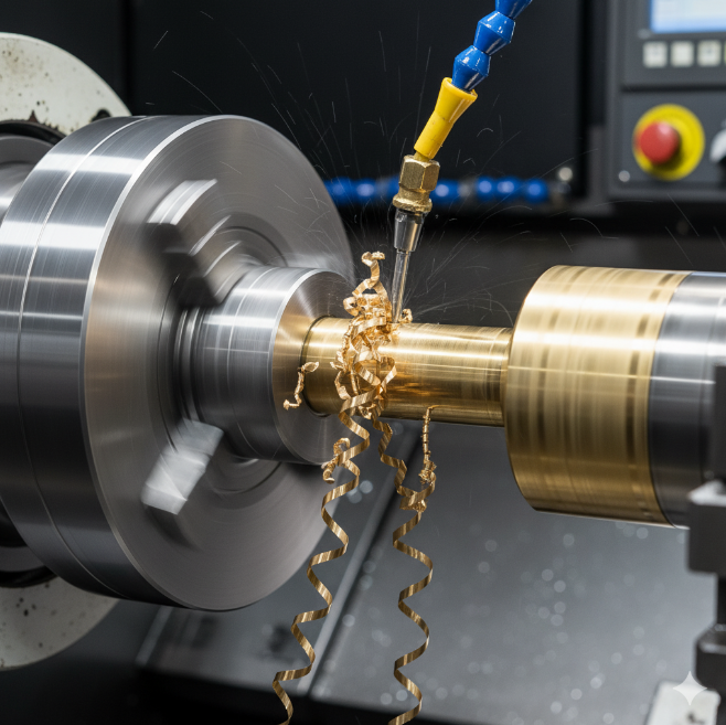 Precision CNC machining turning a cylindrical brass component on a lathe.