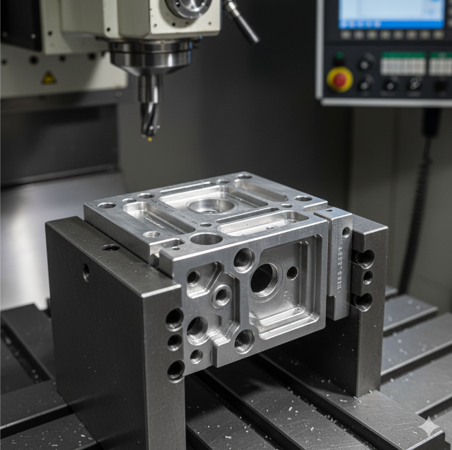 Complex aluminum part being machined with a 3-axis CNC milling and turning services provider.